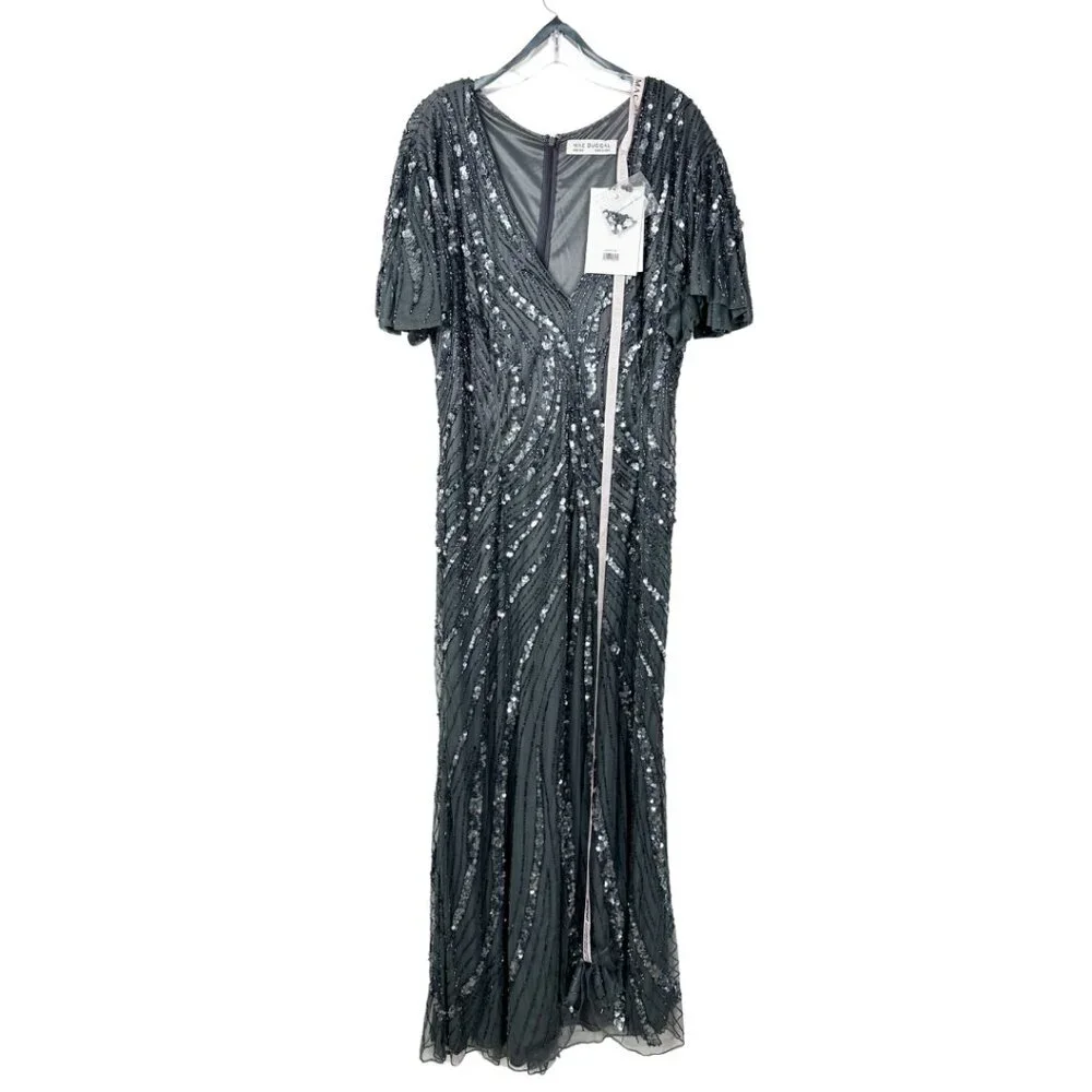 NWT Mac Duggal Flutter Sleeve Embellished Dress Pewter 18W - Picture 3 of 8